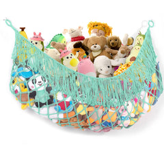 PrimZooty stuffed animal hammock on wall pocket frees floor space and reduces clutter