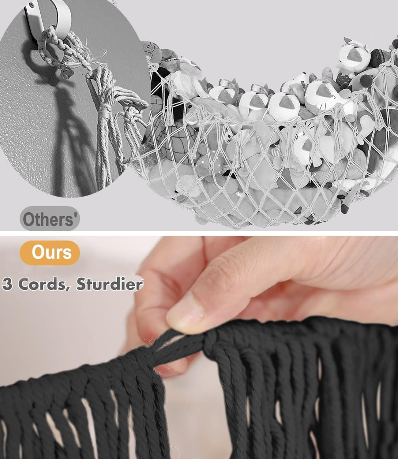 PrimZooty black hammock blends with decor, keeping toys discreet.