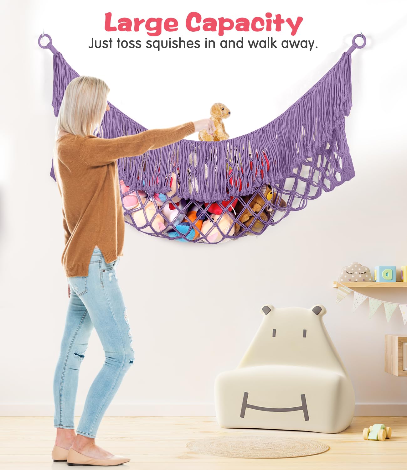 PrimZooty stuffed animal hammock 63in capacity demonstrates large storage for plush toys.