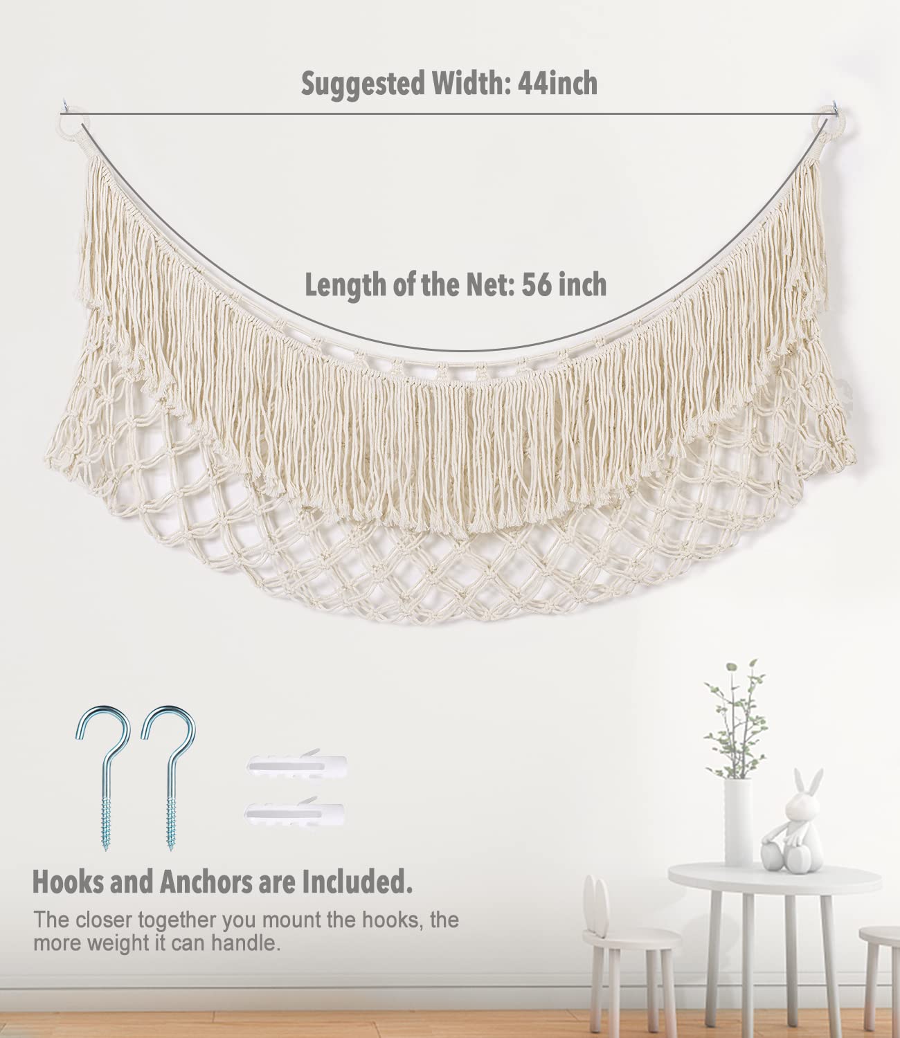 PrimZooty stuffed animal hammock heavy cotton cord in use in playroom