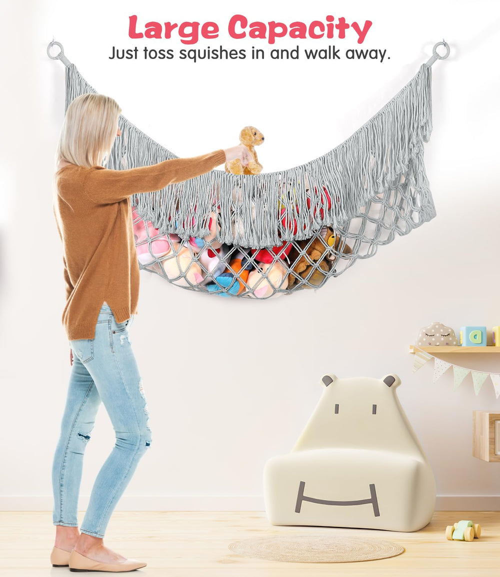 PrimZooty stuffed animal hammock natural cotton cord highlights durable, breathable material.