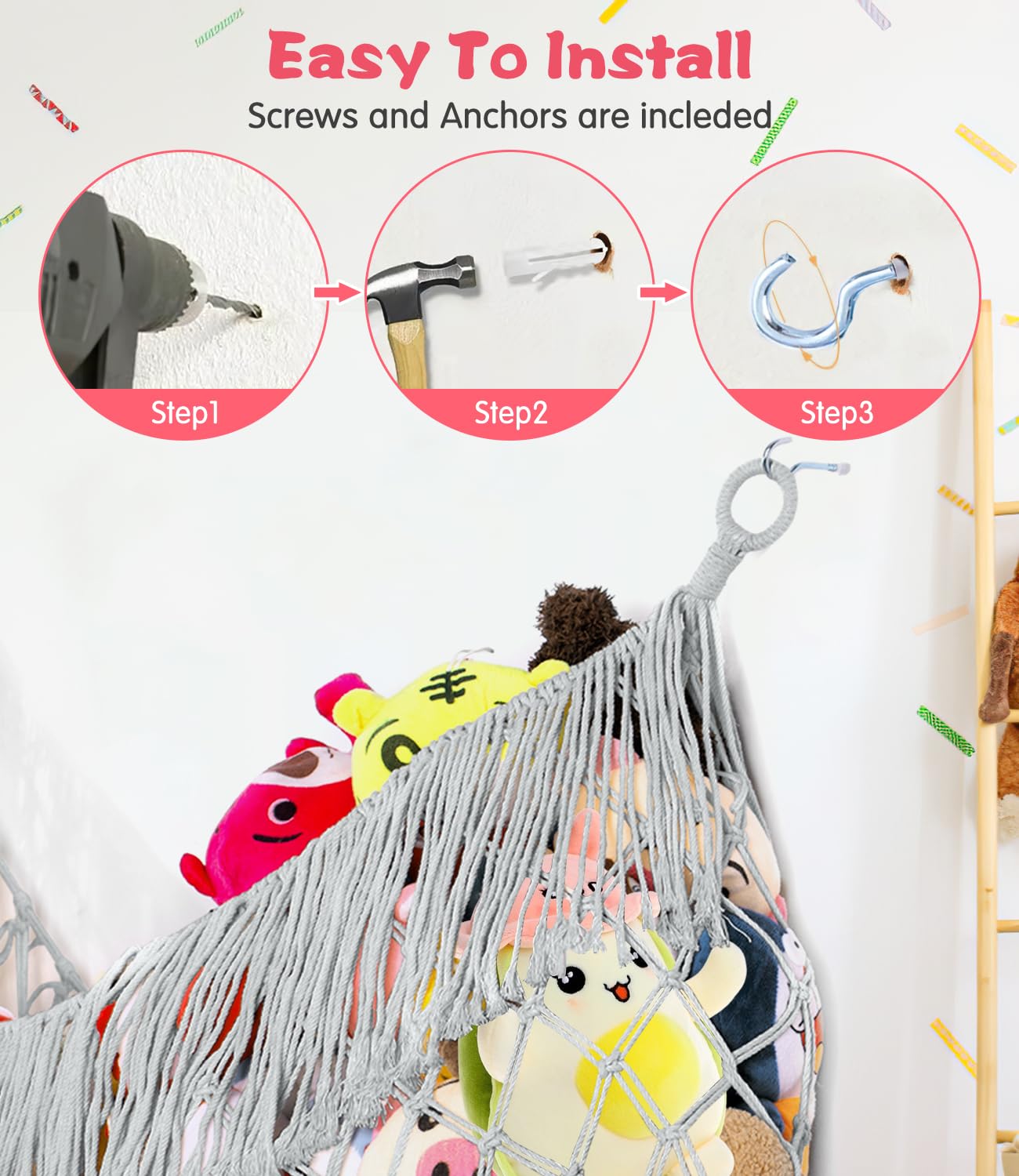PrimZooty stuffed animal hammock for playroom or bedroom use keeps plush toys tidy and accessible.