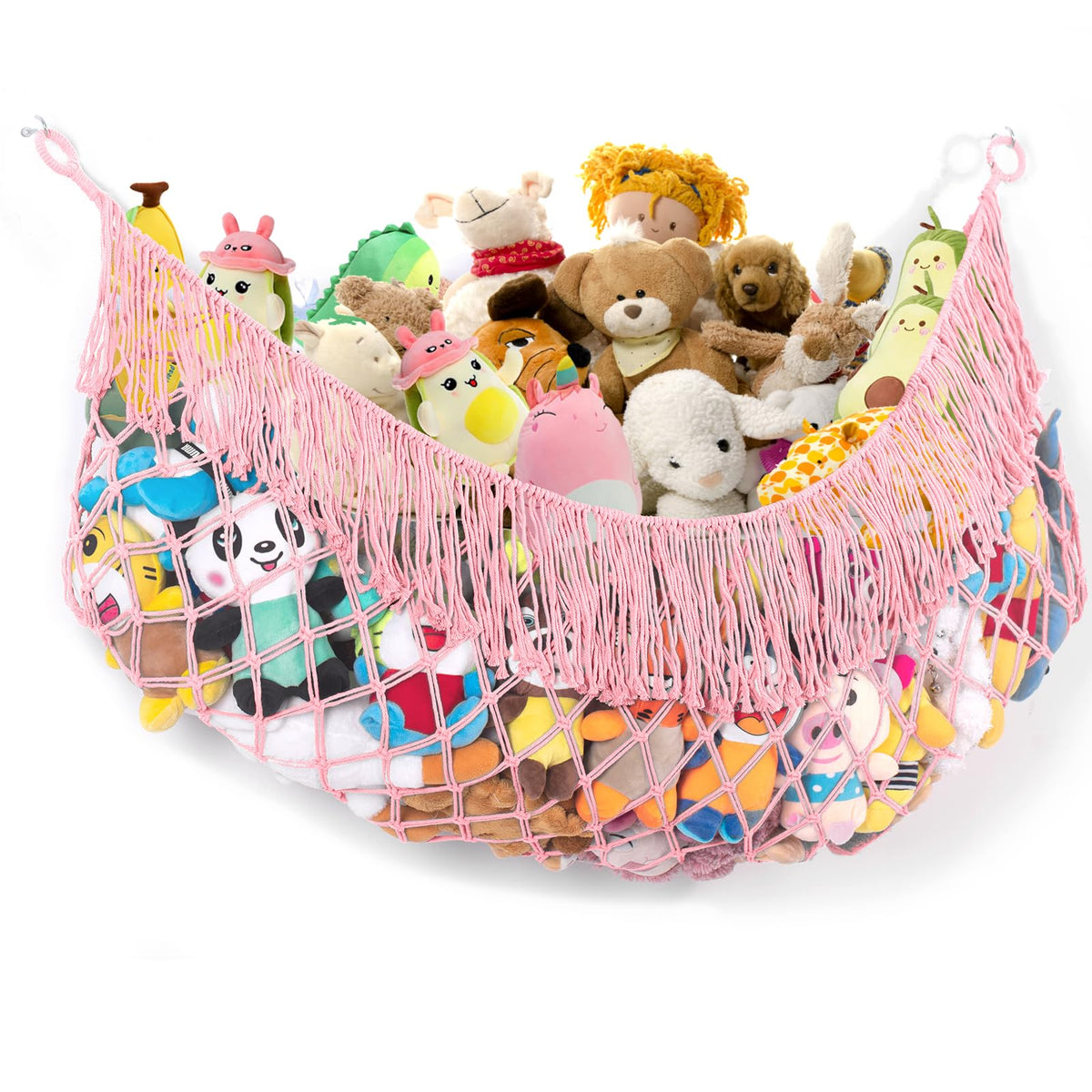 PrimZooty stuffed animal hammock on wall provides tidy storage for plush toys.