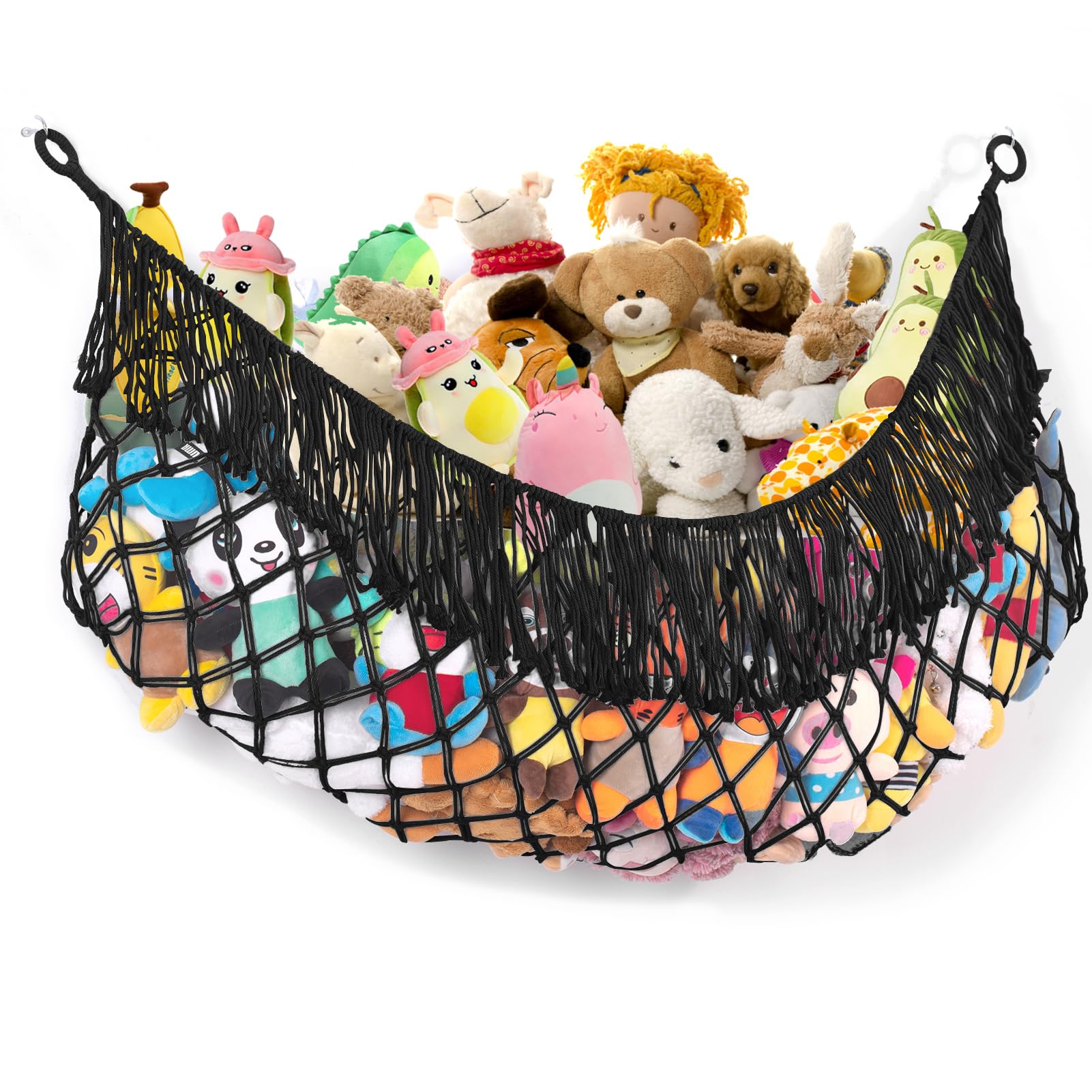 PrimZooty stuffed animal hammock on wall keeps toys organized with space-saving design.