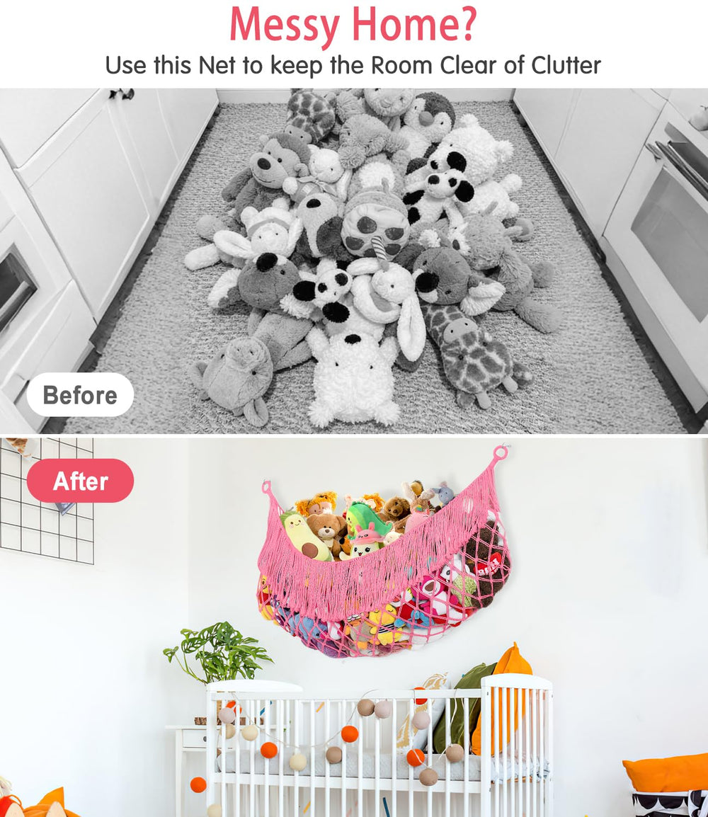 PrimZooty stuffed-animals-in-hammock keeps floors clear and kids engaged in tidy play.