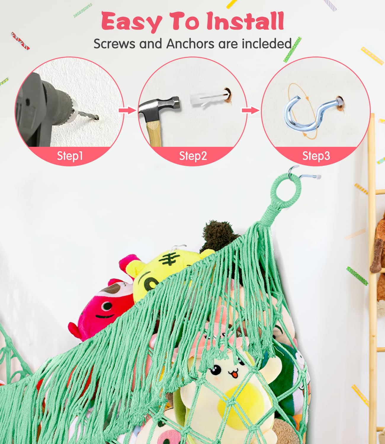 PrimZooty stuffed animal holder net neatly displays plush collection.