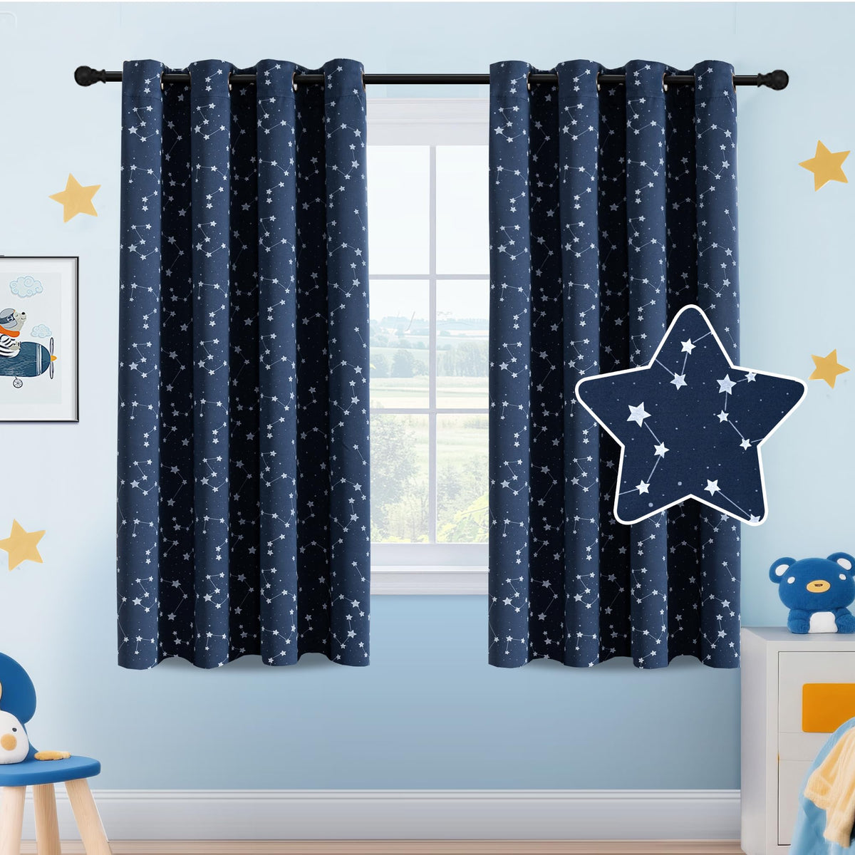 PrinceDeco blackout star curtains navy closeup shows soft fabric texture for cozy kids rooms