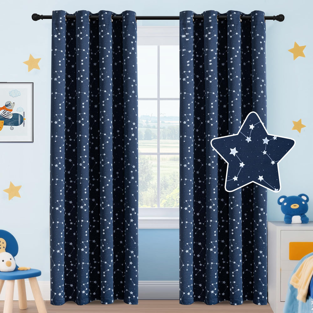 PrinceDeco kids blackout curtains navy 84-inch two-panel stars for privacy and sleep