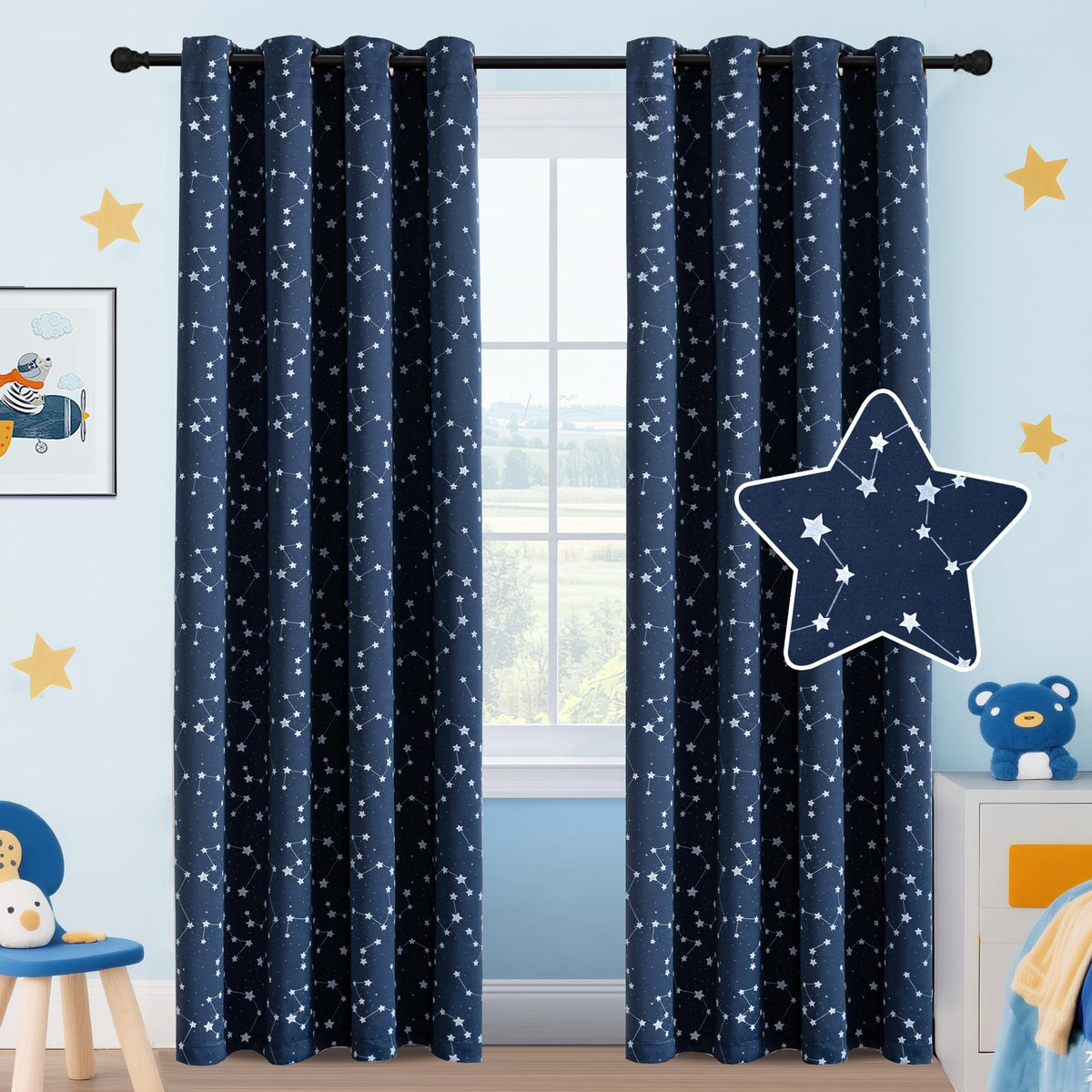 PrinceDeco kids blackout curtains navy 84-inch two-panel stars for privacy and sleep