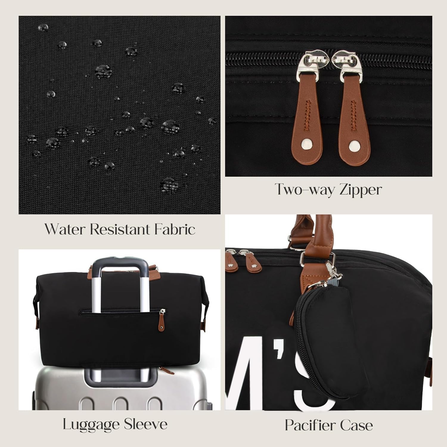Printe tote's luggage sleeve slides onto luggage handles for travel.