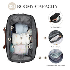 Printe tote uses water-resistant fabric for spill protection and easy cleaning.