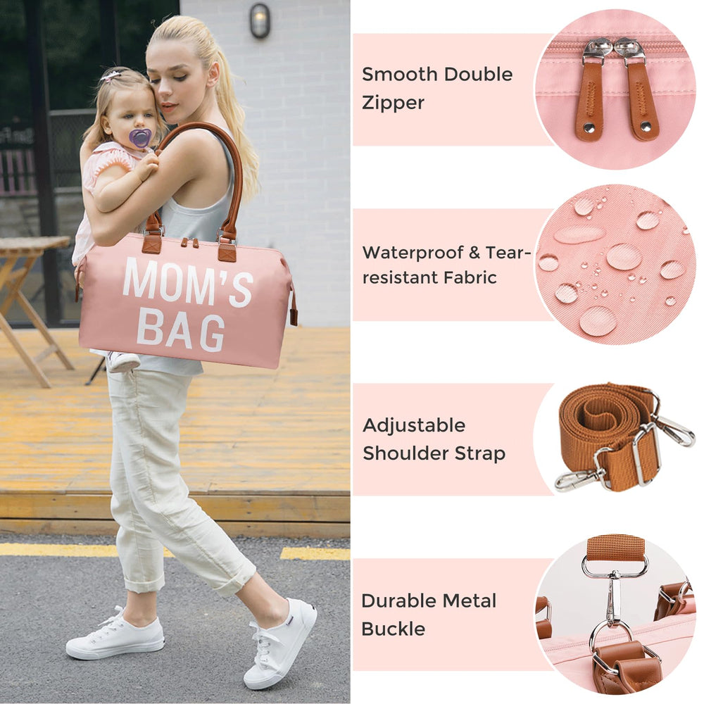 Printe mommy diaper bag tote pink durable-metal-feet elevate and protect the bag