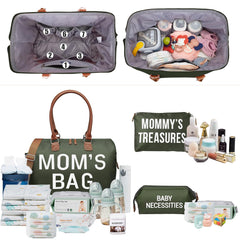 printe mom bag olive green open-compartment view highlighting organized pockets