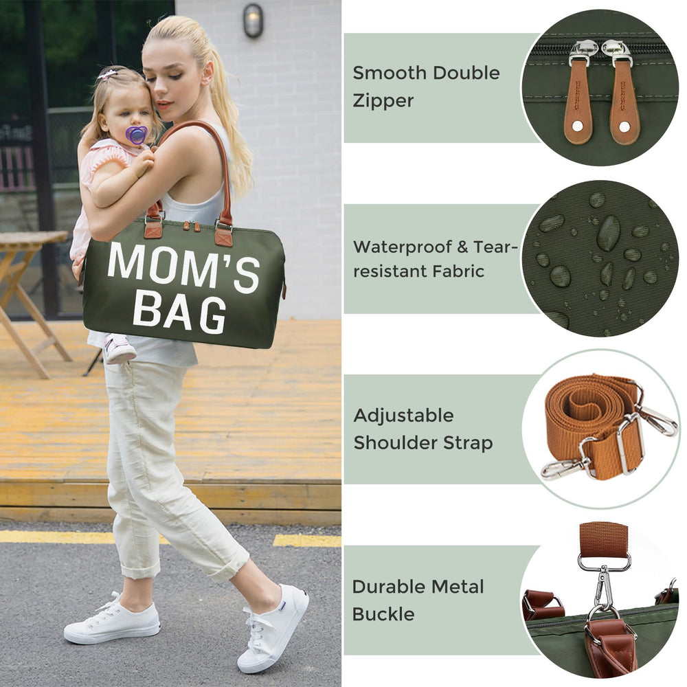 printe mom bag olive green waterproof exterior and protective bottom feet