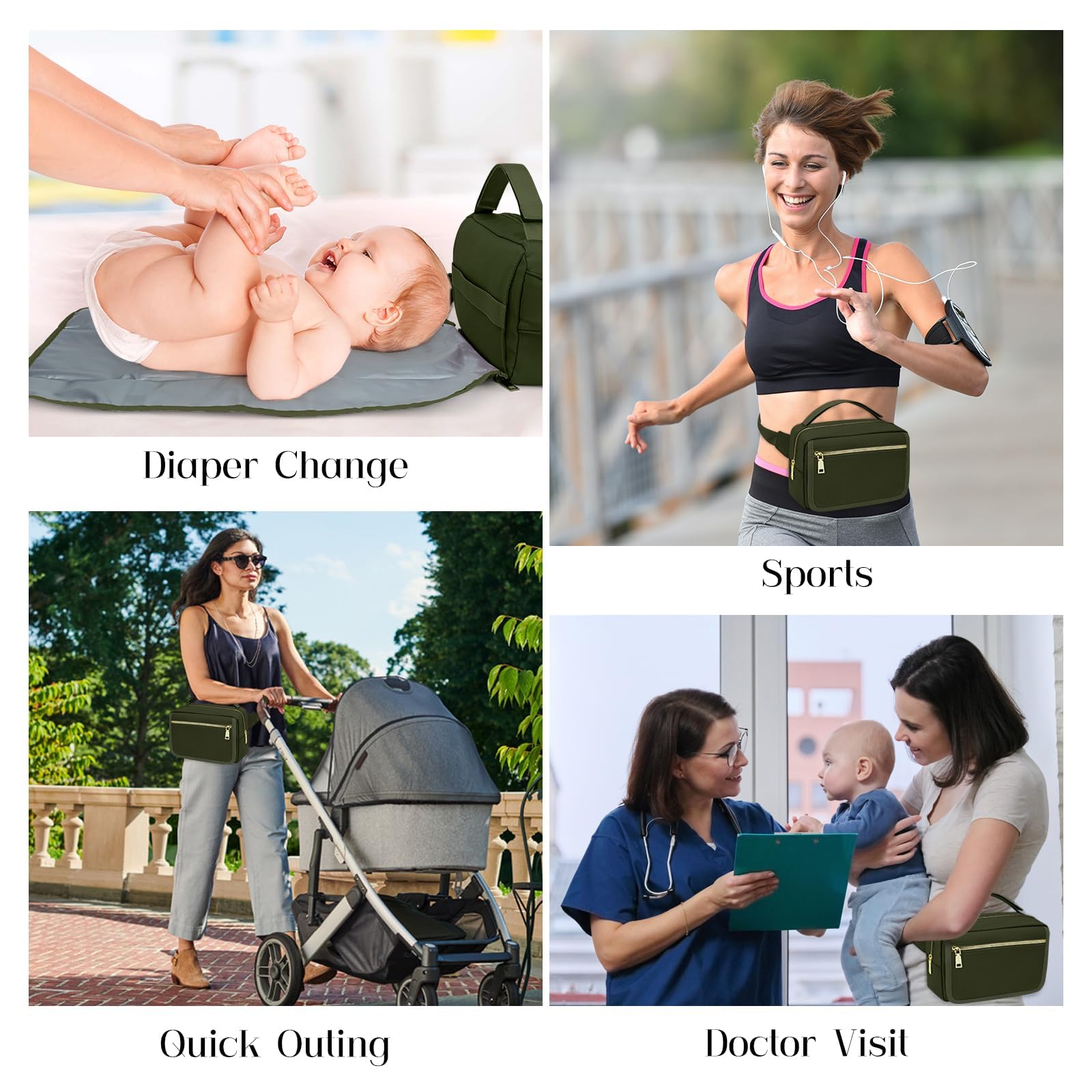 printe small diaper bag olive-green detachable-strap enables versatile carrying options