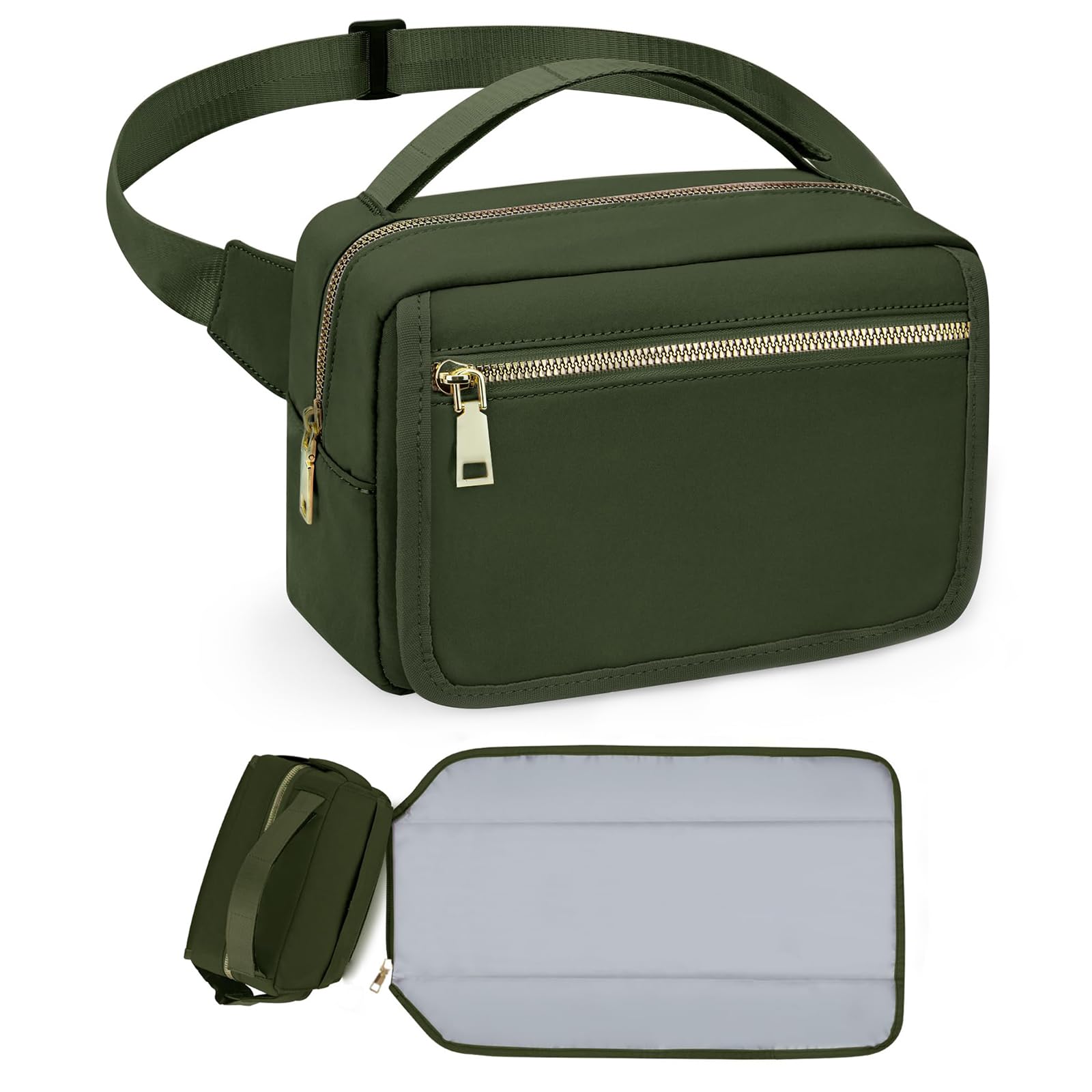 printe small diaper bag olive-green front view shows hands-free travel and compact organization