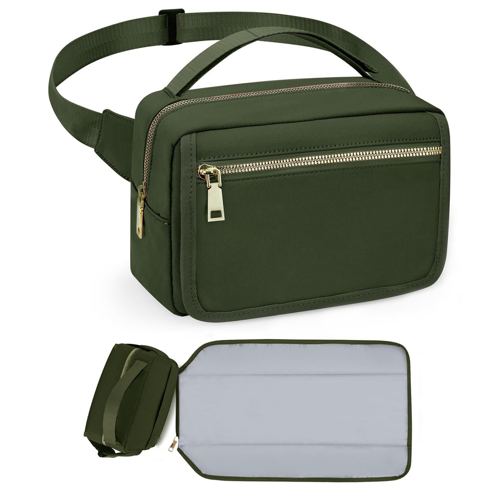 printe small diaper bag olive-green front view shows hands-free travel and compact organization