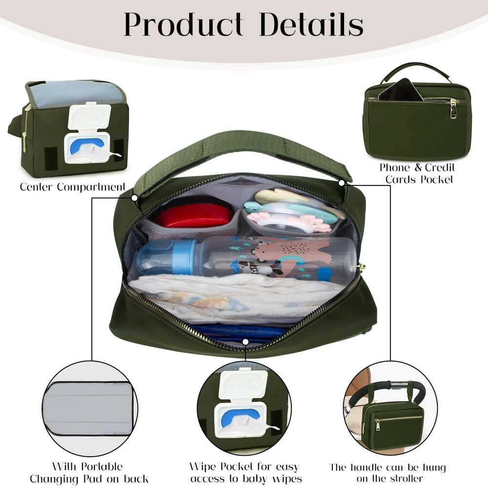 printe small diaper bag olive-green insulated bottle pocket keeps bottles at the right temperature