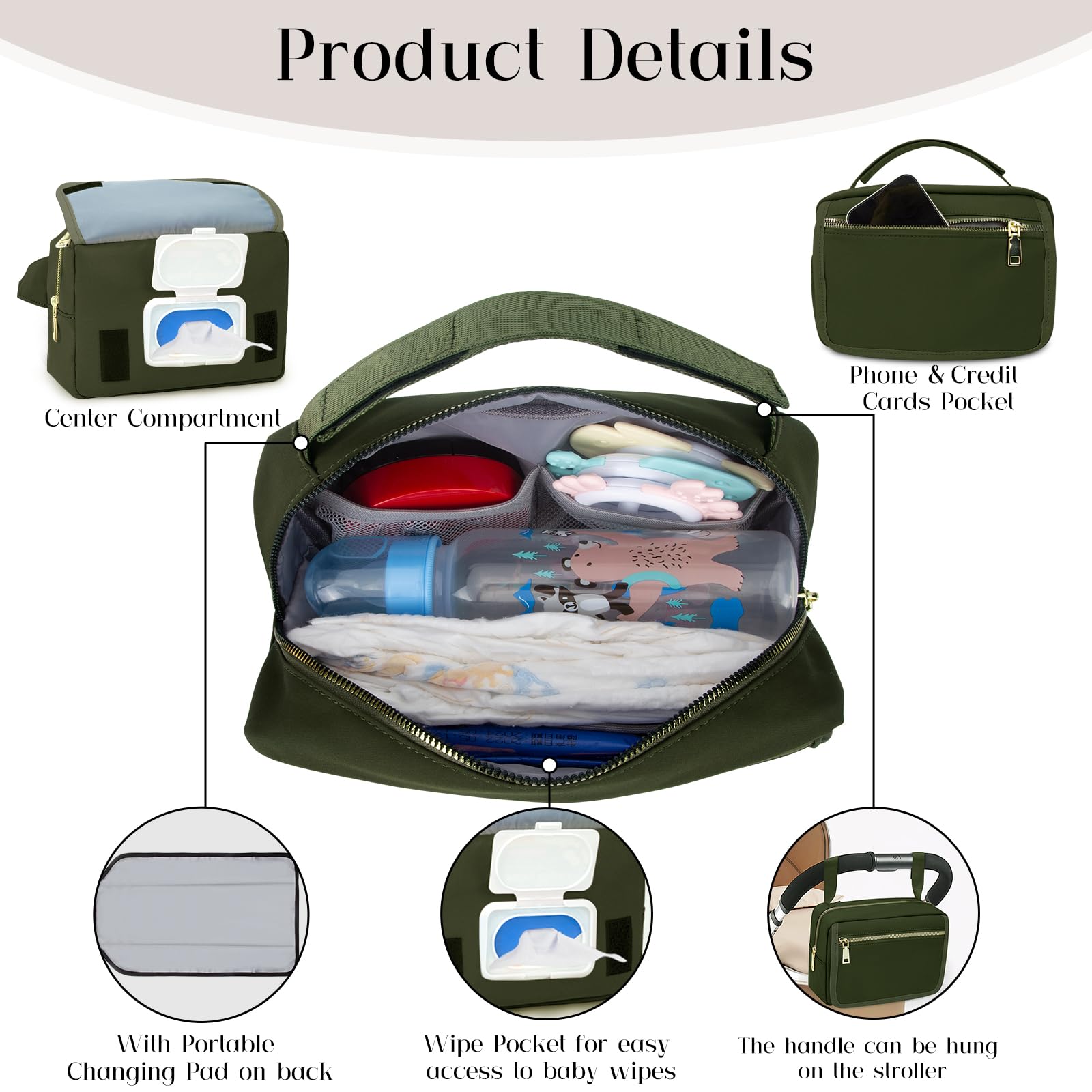printe small diaper bag olive green main pocket holds diapers and essentials neatly