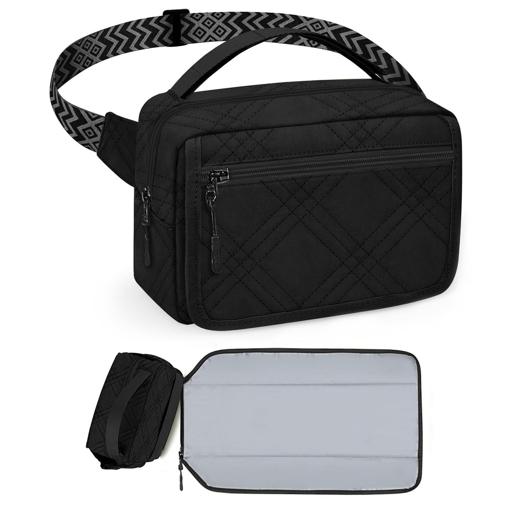 Printe small diaper bag quilted black front view for compact organization