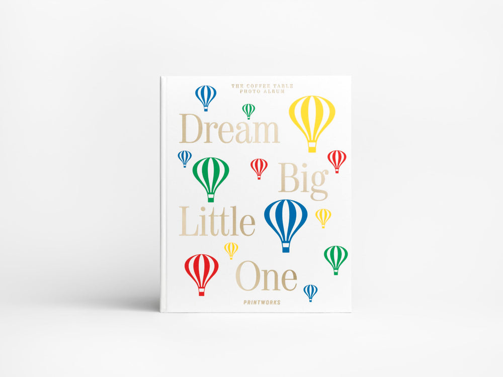 PrintWorks Dream Big Little One beige cover closeup shows elegant, gender-neutral keepsake.