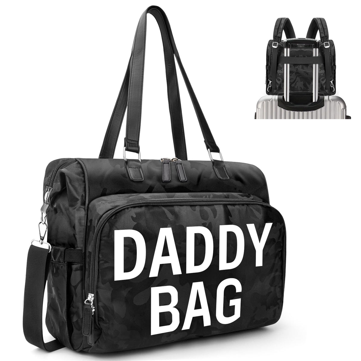 Pripher Daddy Bag camo backpack for hands-free baby care.