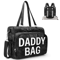 Pripher Daddy Bag camo backpack for hands-free baby care.