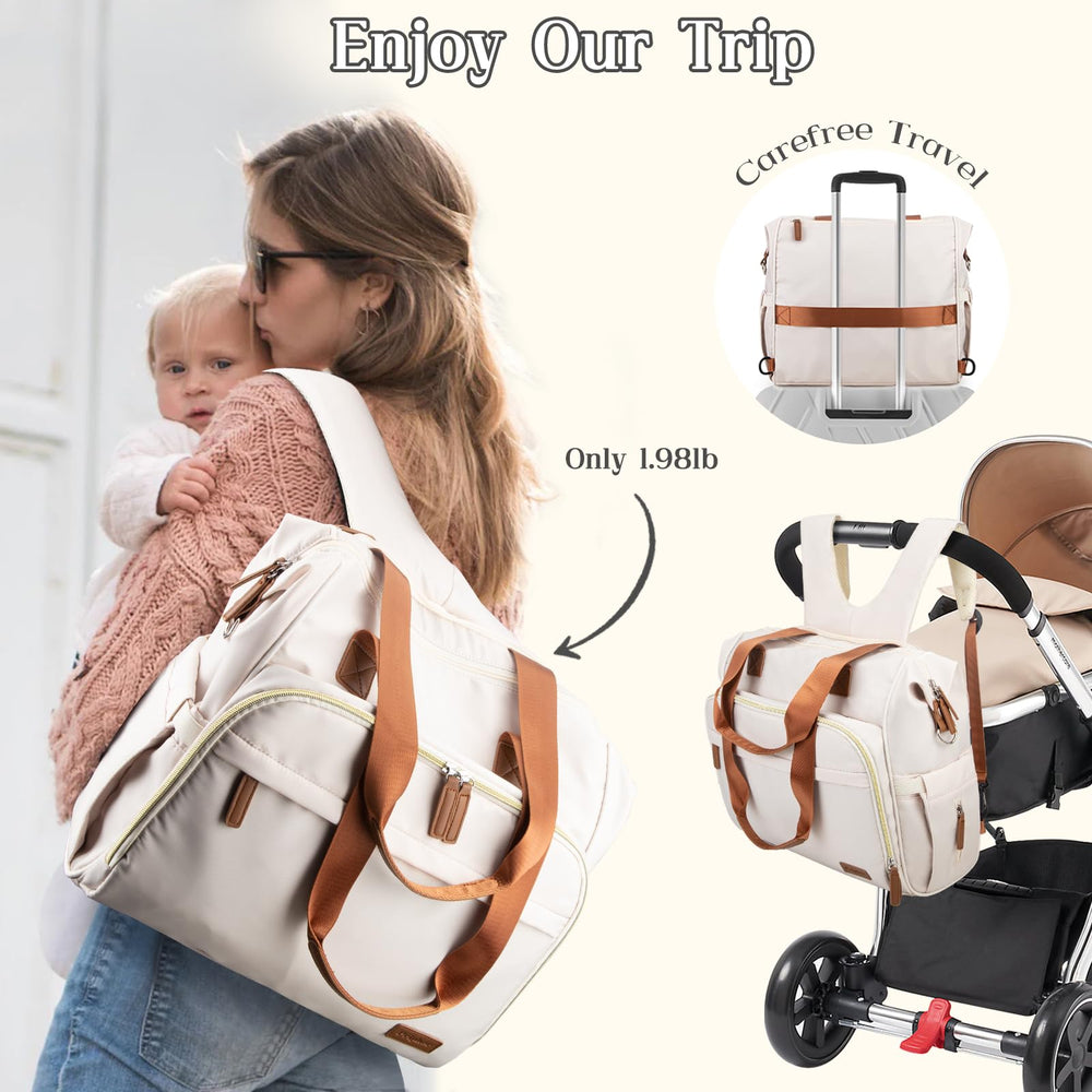 Pripher diaper bag back pocket hides straps for a sleek carry.