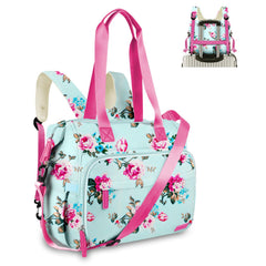 Pripher Diaper Bag Backpack blue floral front view showing organized pockets for baby essentials.
