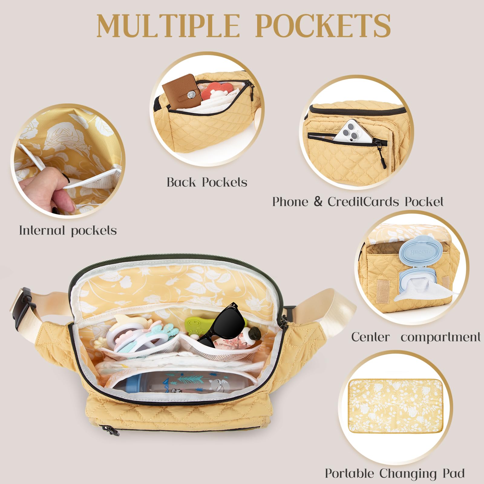 Pripher diaper bag side pocket highlights wipes storage for speedy changes.