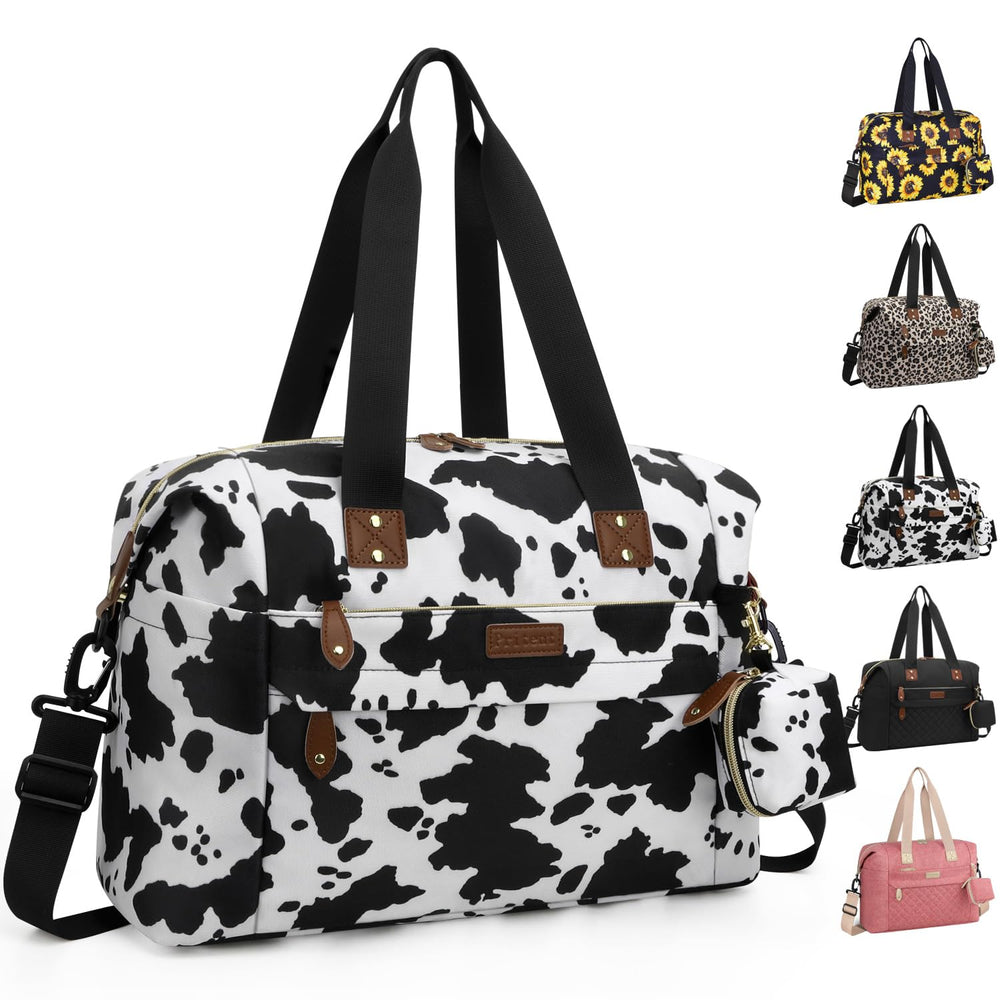 Pritent cowprint diaper bag tote exterior shows a durable travel-ready design for busy parents.