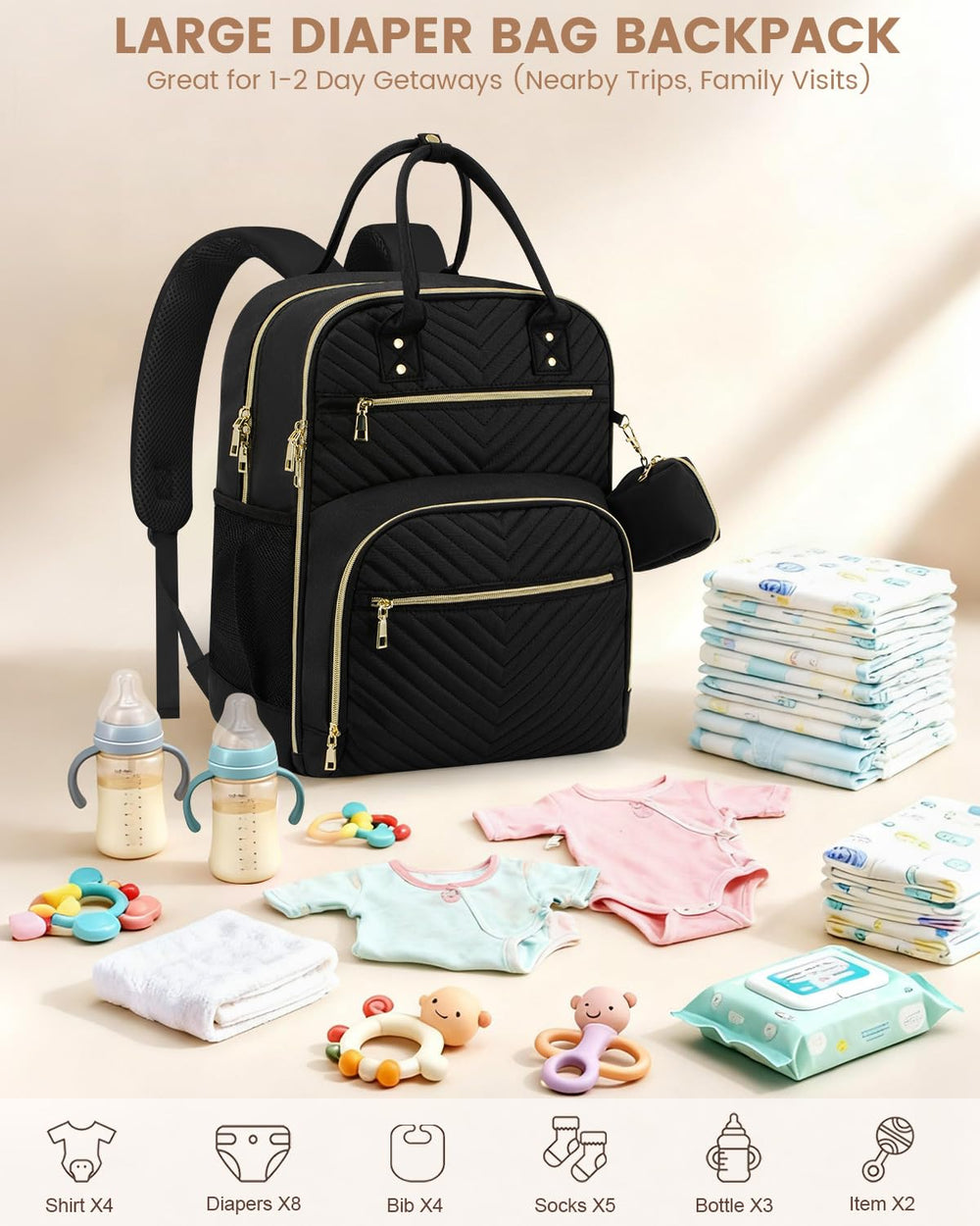 Pritent diaper bag backpack demonstrates convenient handles and shoulder straps for versatile carrying.
