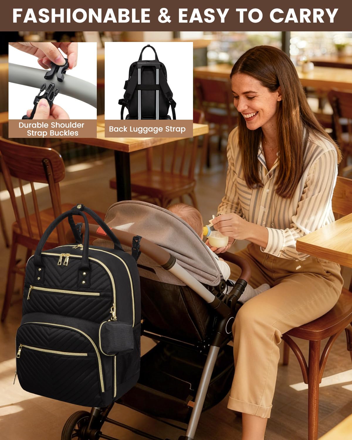 Pritent diaper bag backpack features organized compartments to separate diapers, bottles, and wipes.