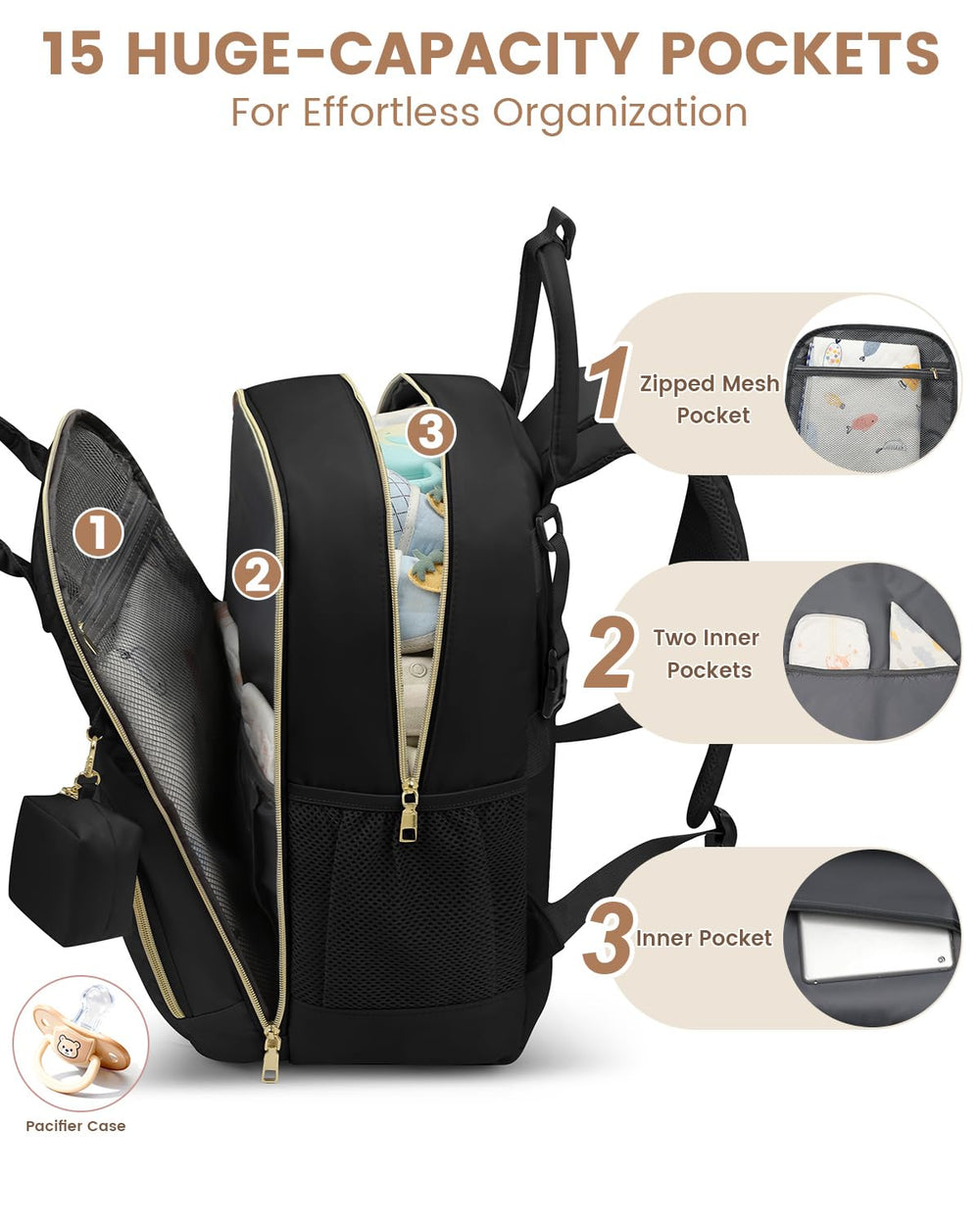 Pritent diaper bag backpack includes a pacifier case for quick access.