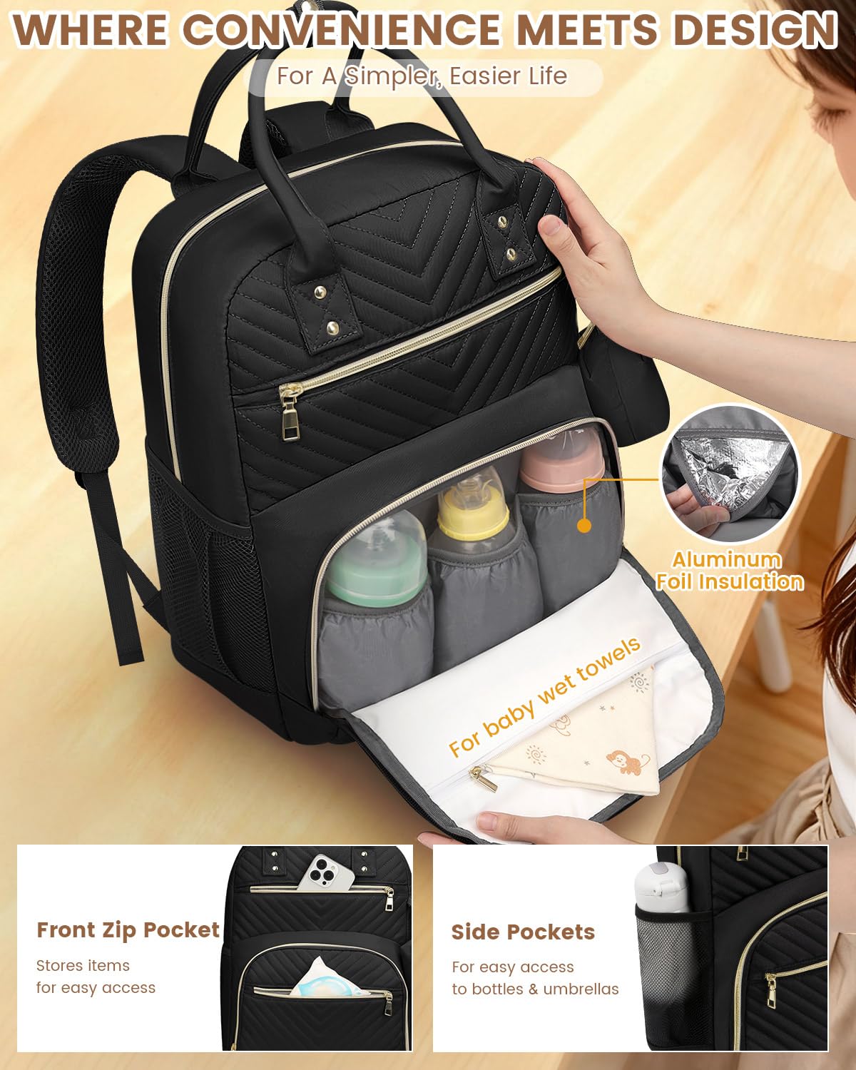 Pritent diaper bag with dual handles offers comfortable carrying options.