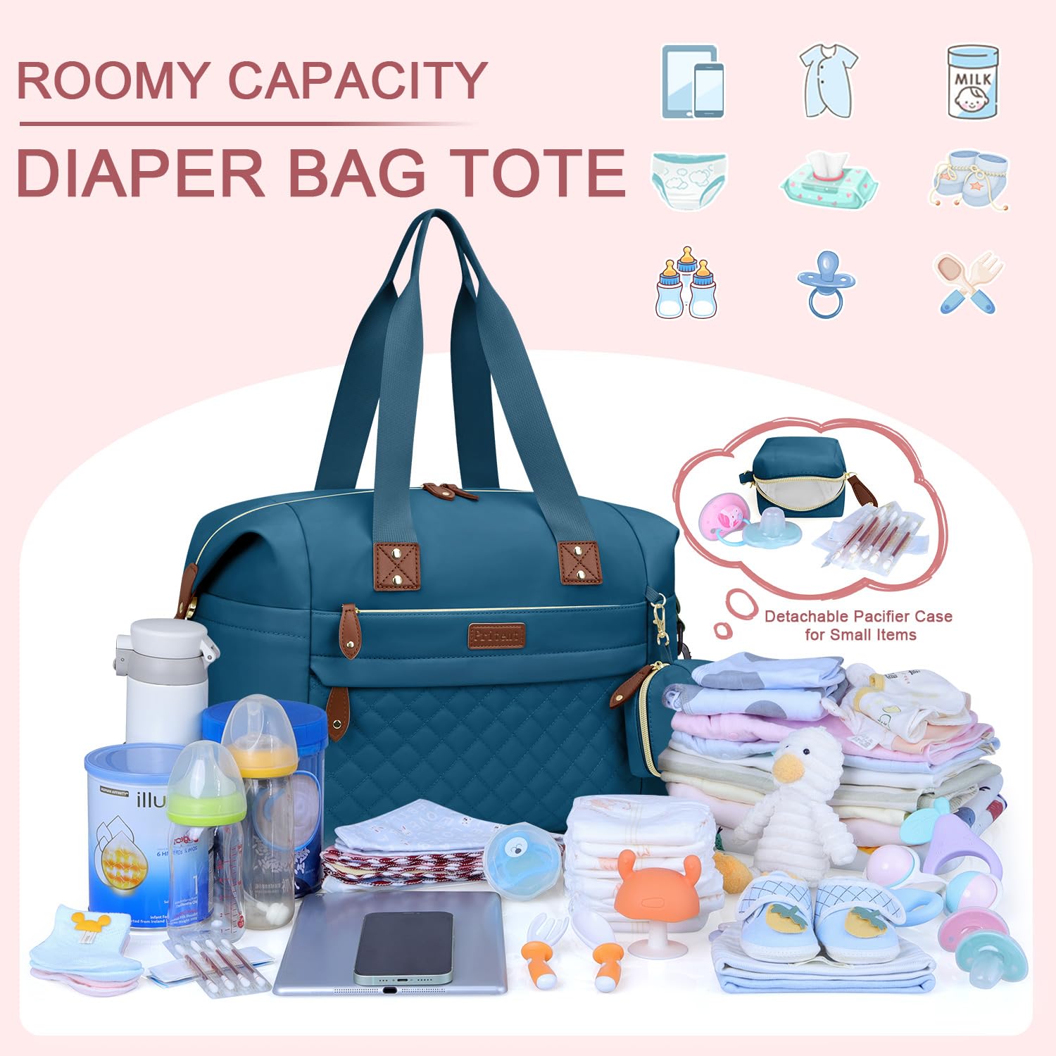 Pritent Diaper Bag Tote blue bottle compartments organize feeds for easy transitions.