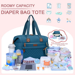 Pritent Diaper Bag Tote blue bottle compartments organize feeds for easy transitions.