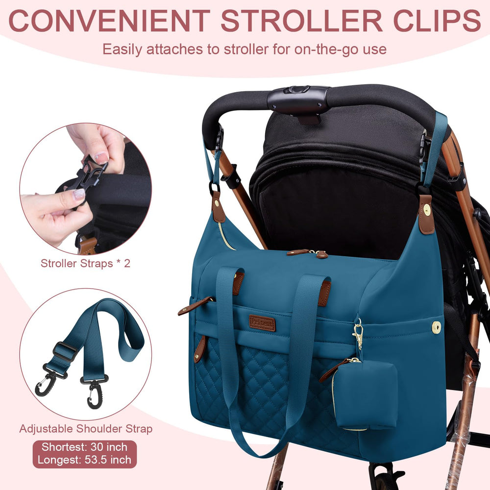 Pritent Diaper Bag Tote blue waterproof fabric resists spills for easier cleaning.