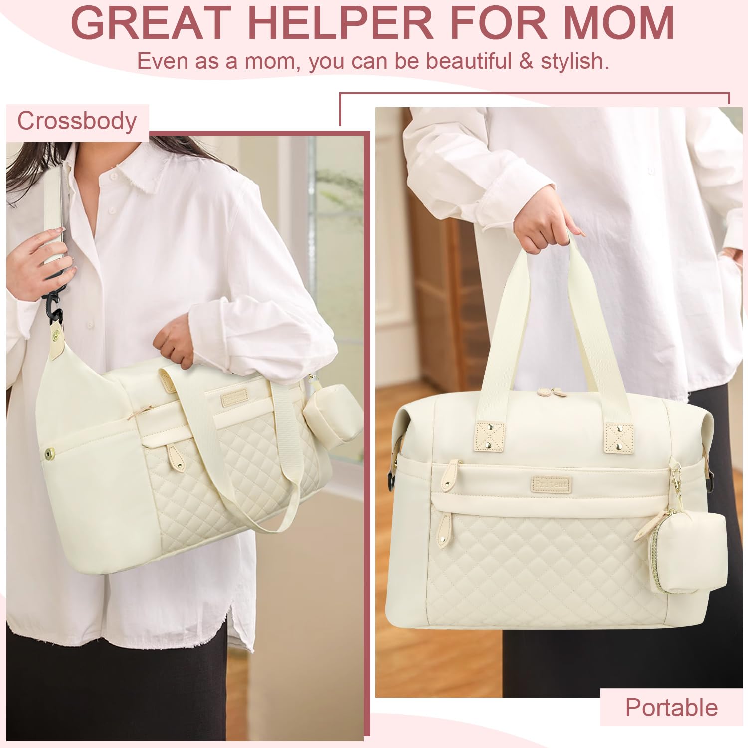 Pritent diaper bag tote includes detachable strap and pacifier case for versatility