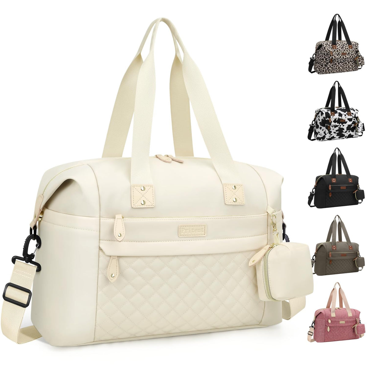 Pritent diaper bag tote front view showing organized space for baby essentials on the go during outings