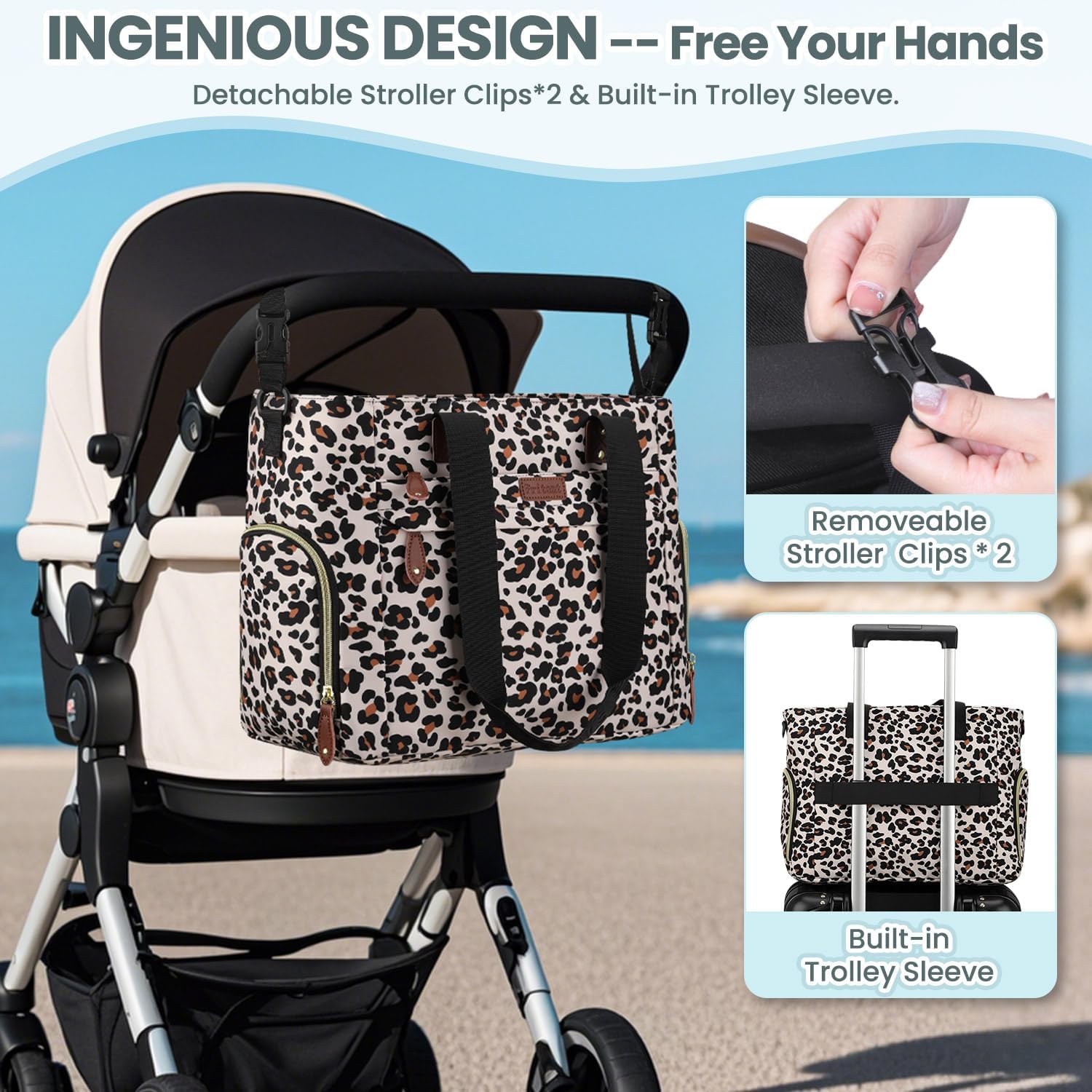 Pritent Diaper Bag Tote leopard durable easy-clean fabric, long-lasting daily use