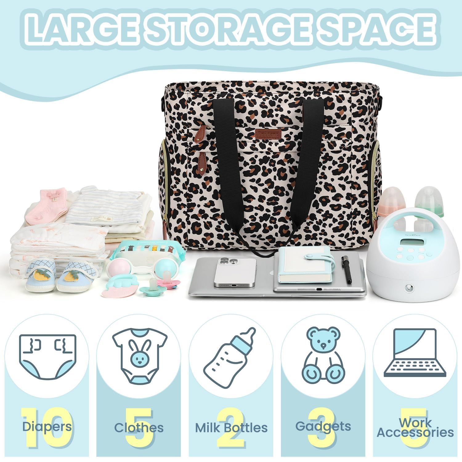 Pritent Diaper Bag Tote leopard insulated bottle compartment, keeps bottles warm or cold