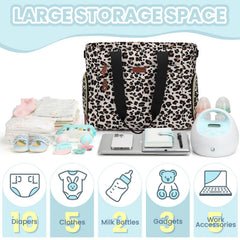 Pritent Diaper Bag Tote leopard insulated bottle compartment, keeps bottles warm or cold