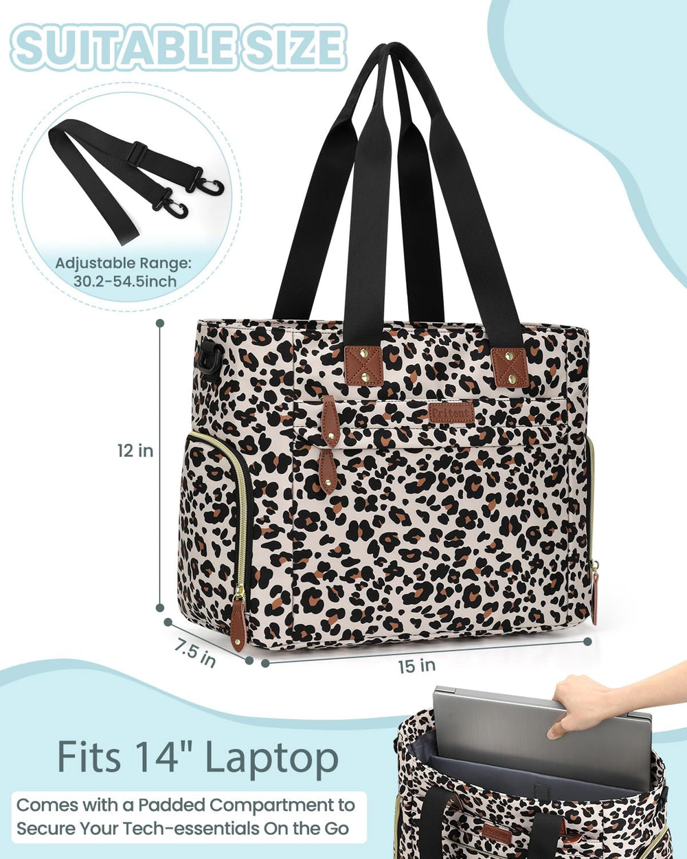 Pritent Diaper Bag Tote leopard laptop sleeve 14inch, easy access for work days
