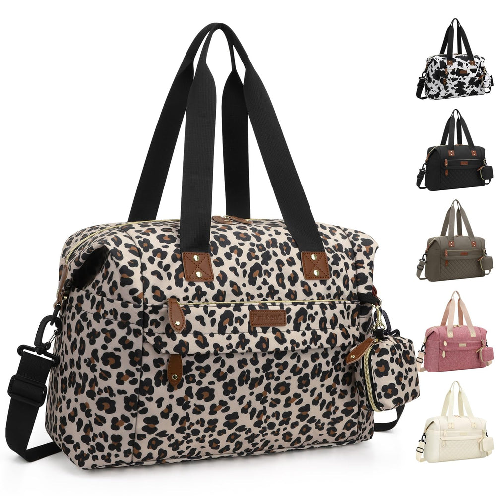 Pritent diaper bag tote leopard open shows a spacious interior for easy diaper and wipe access