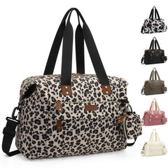 Pritent diaper bag tote leopard open shows a spacious interior for easy diaper and wipe access