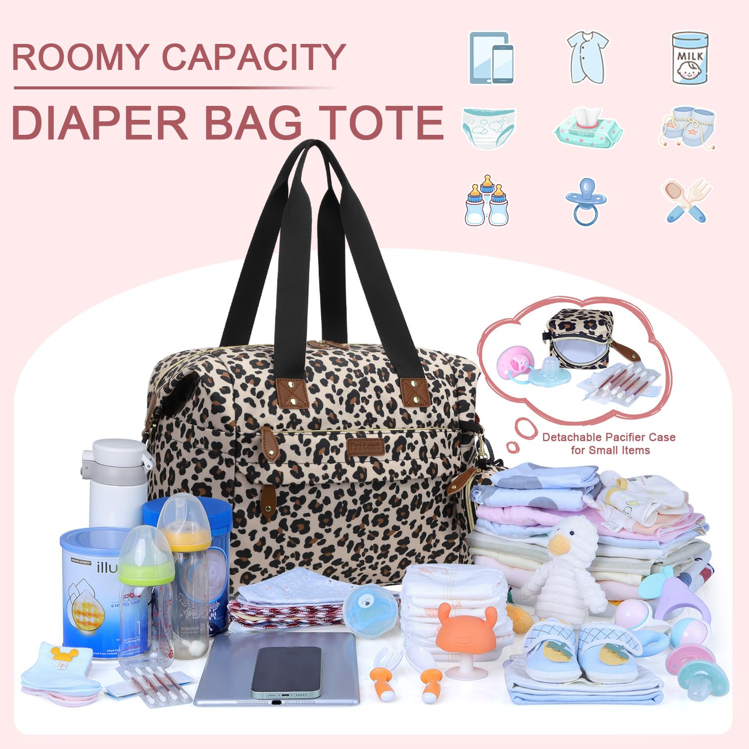 Pritent diaper bag tote leopard pacifier case keeps essential soothing items within reach