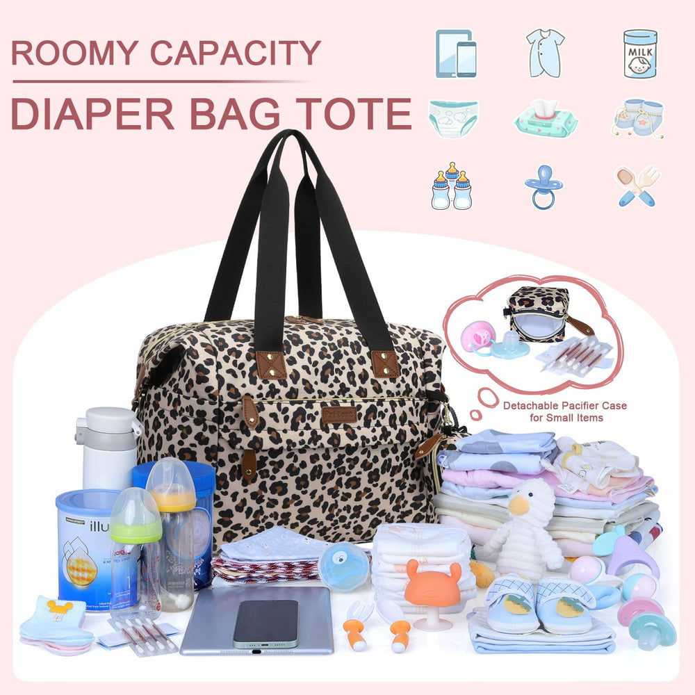 Pritent diaper bag tote leopard pacifier case keeps essential soothing items within reach
