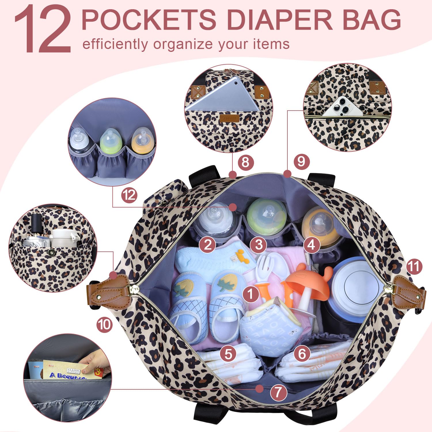 Pritent diaper bag tote leopard shoulder-strap option offers comfortable hands-free carrying