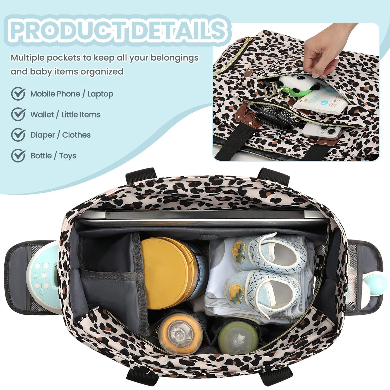 Pritent Diaper Bag Tote leopard stroller clips, convenient hands-free transport